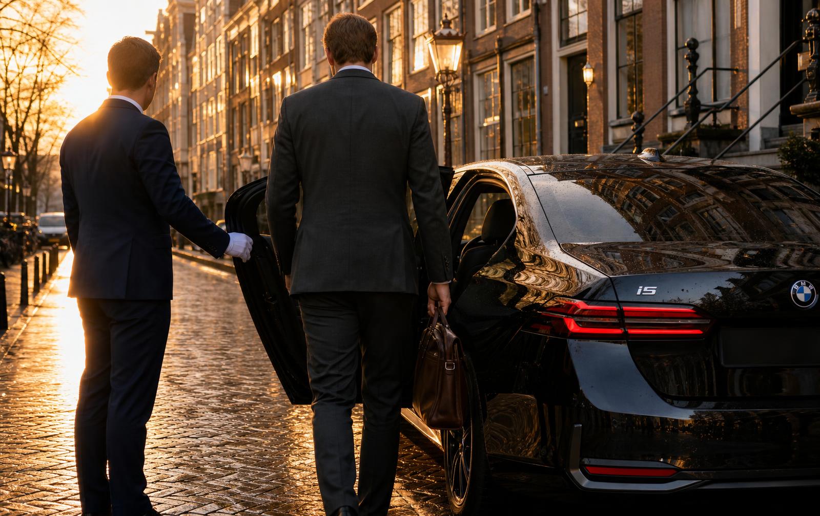 BMW i5 van ODYS Taxi met chauffeur die de deur openhoudt